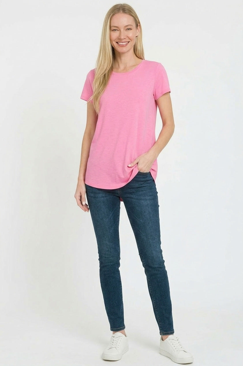 Zenana Rayon Short Sleeve V-neck Round Hem Top