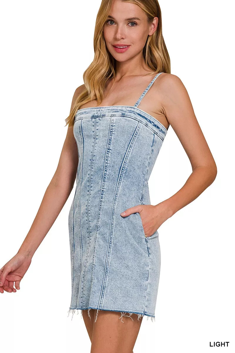 Zenana Spaghetti Strap Exposed Seam Light-Wash Dress