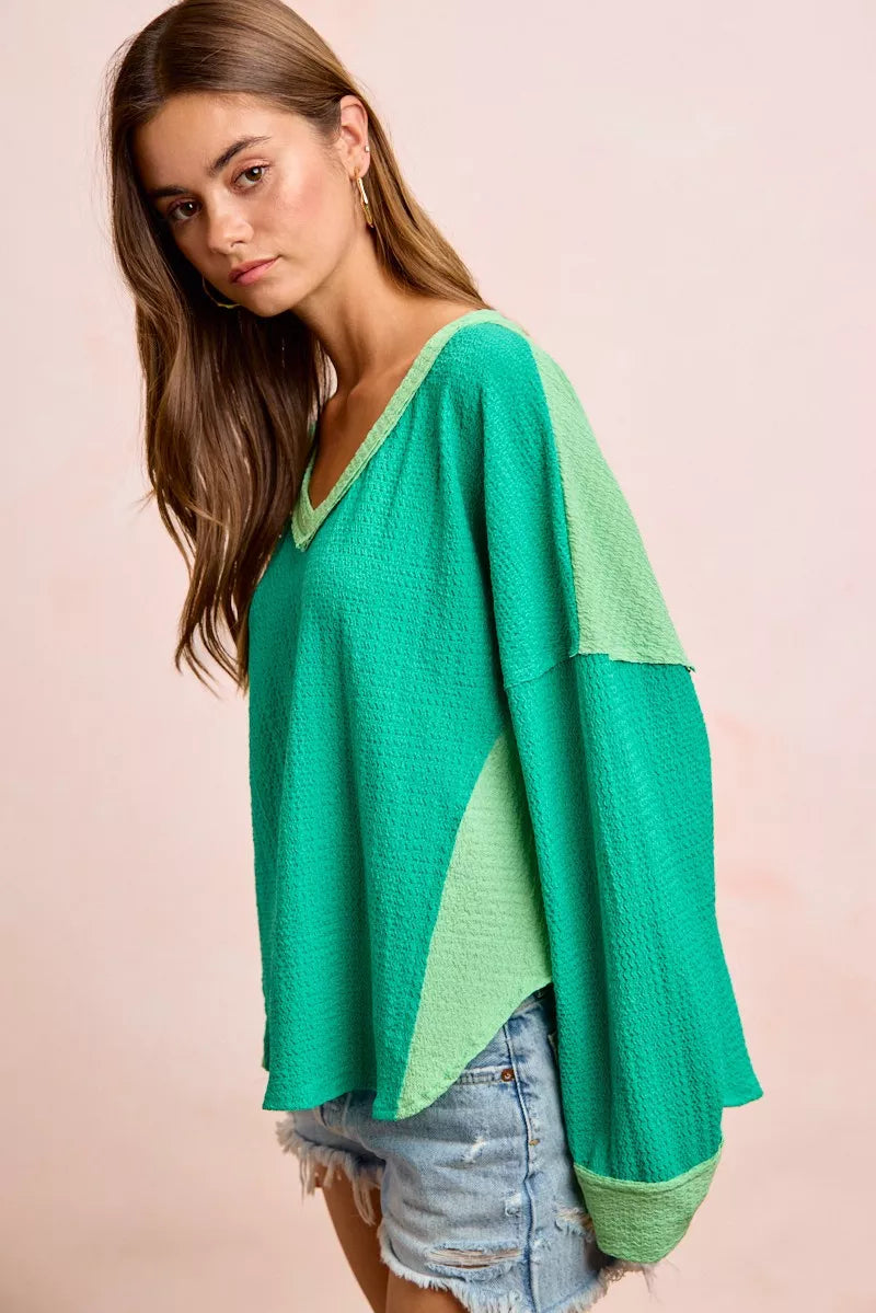 BiBi Textured Jersey Color Block Top With Cut Edge