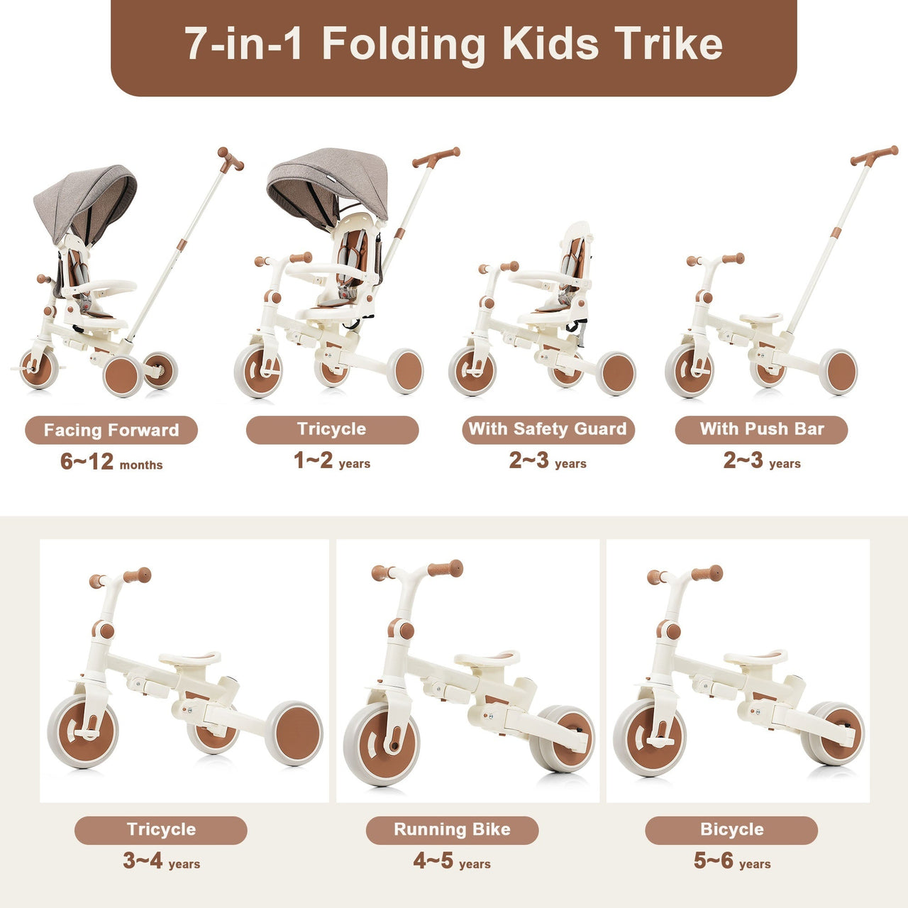 7 in 1 Baby Tricycle, Foldable Toddler Tricycle with Removable and Adjustable Parent Handle, Toddler Push Bike with Removable Pedal, Canopy, and Guardrail, Tricycle for 12-72 Months, ivory and brown