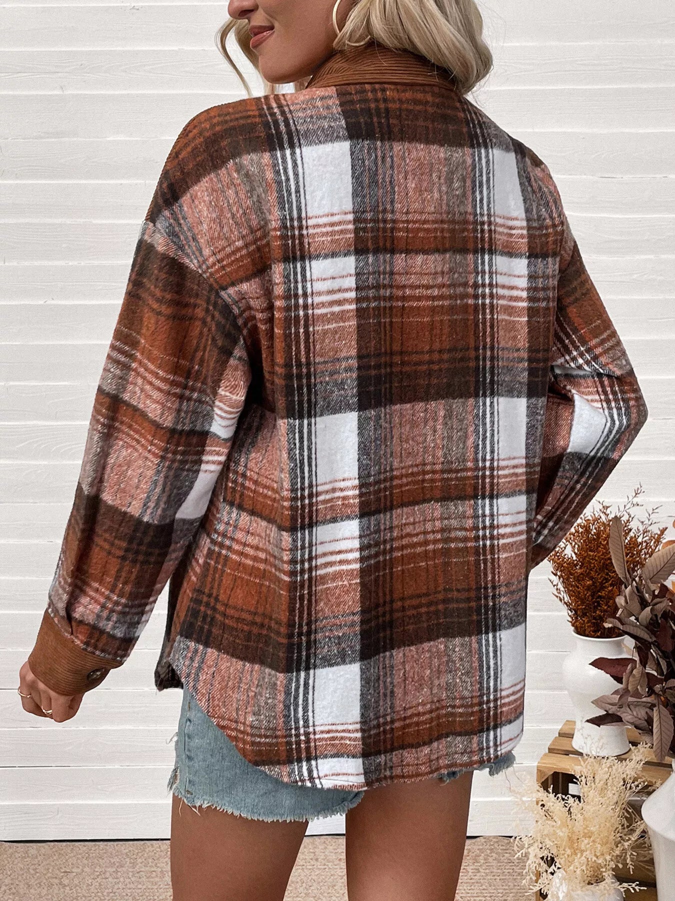 Plaid Button-Up Shacket with Chest Pockets