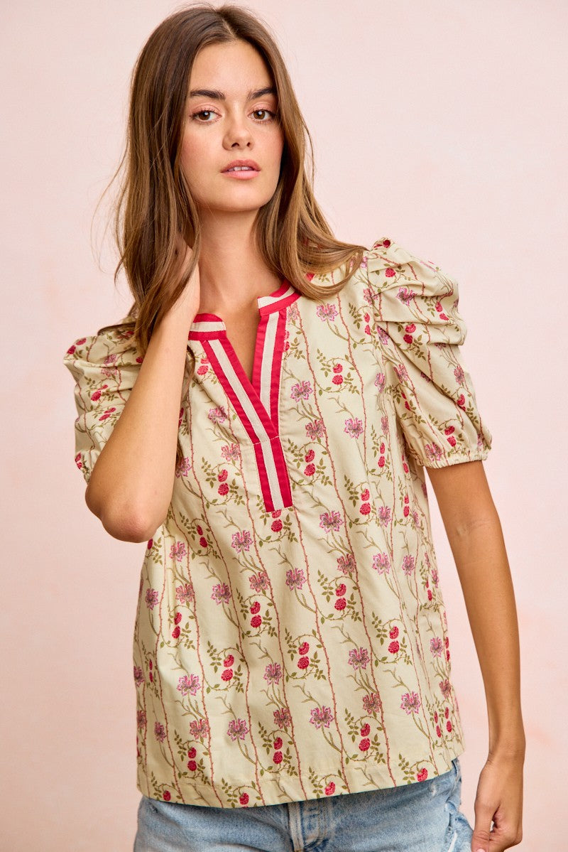 BiBi Floral Gather Sleeves Contrast Neckband Blouse Top