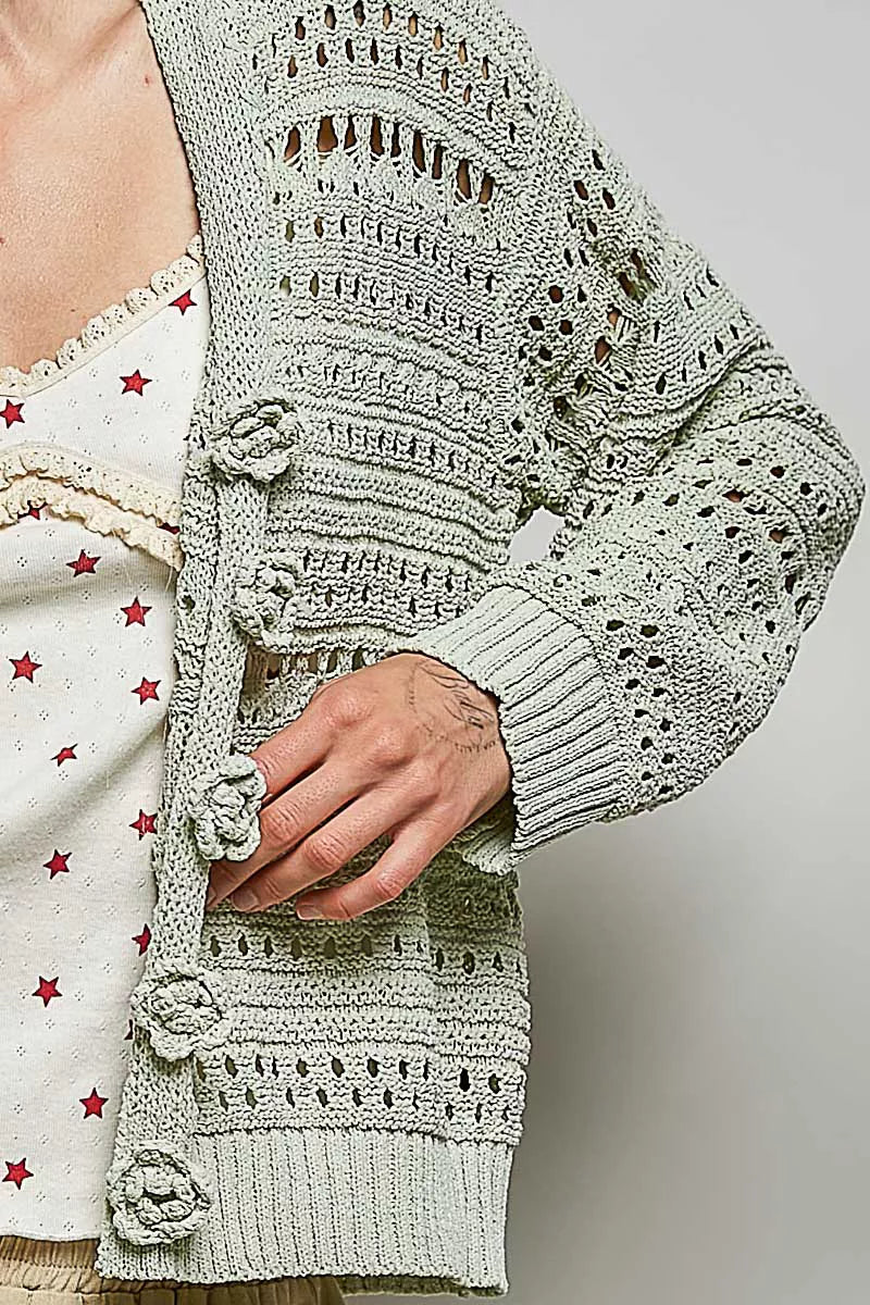 POL Open-Knit Floral Button Cardigan