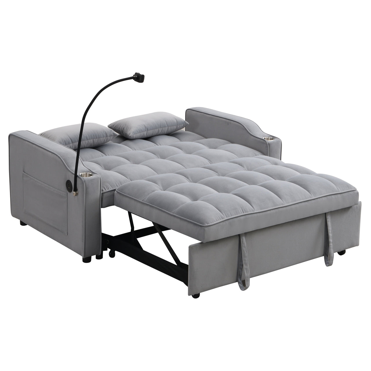 Modern Velvet Loveseat Futon Sofa Couch with Pullout Bed, Adjustable Backrest, Toss Pillows, Light Gray