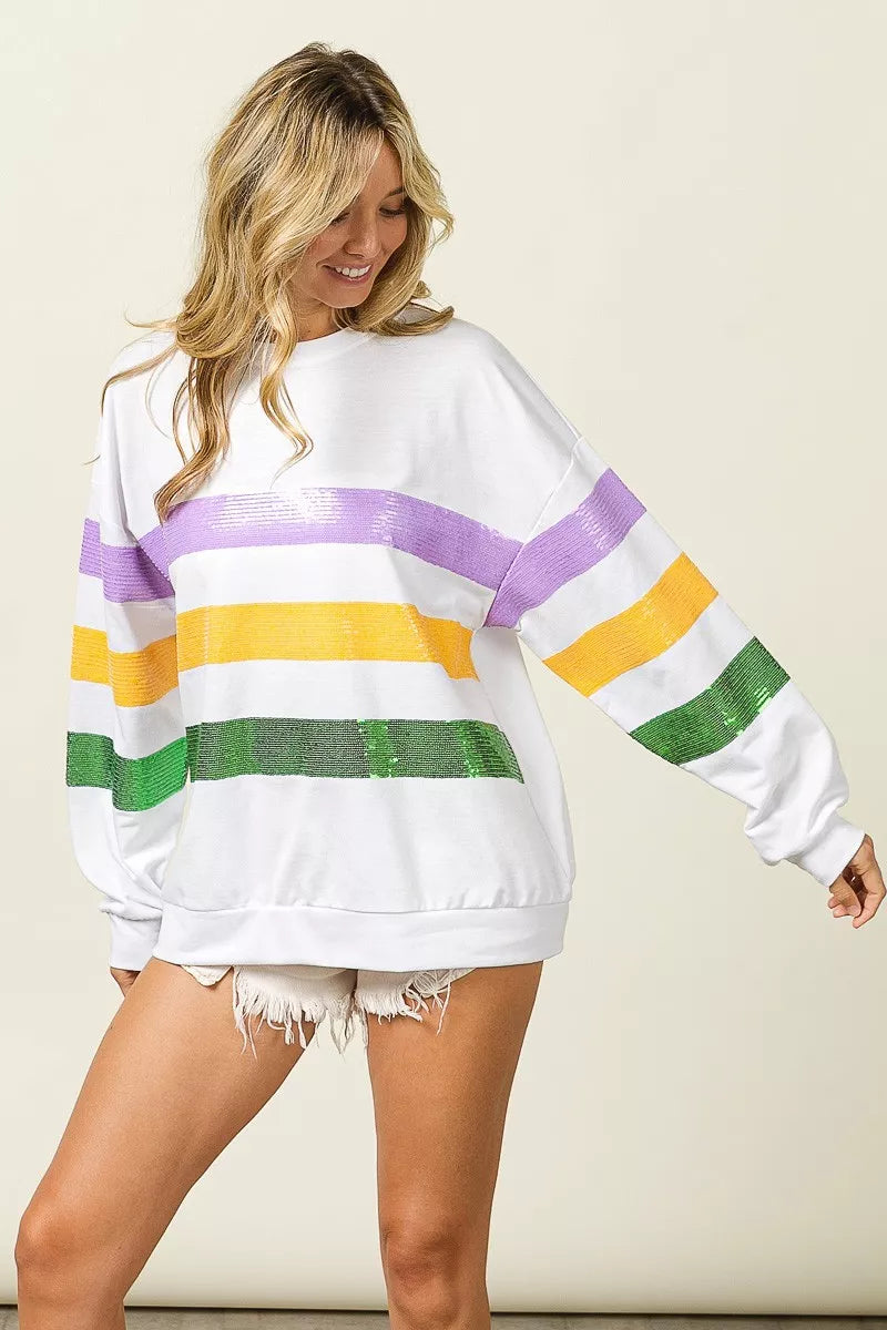 BiBi Sequin Mardi Gras Striped Round Neck Sweatshirt