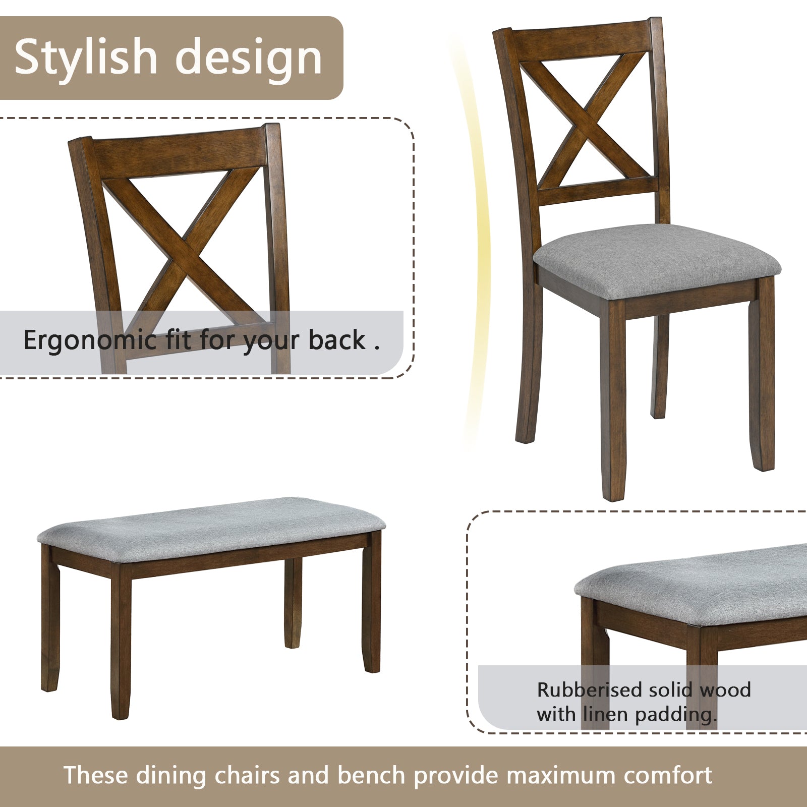 6PCs Kitchen Dining Set, Rectangular Wooden Dining Table with 4 Upholstered Chairs and a Bench, Dining Table Set for 6 People, Living Room, Home Bar and Kitchen, Walnut