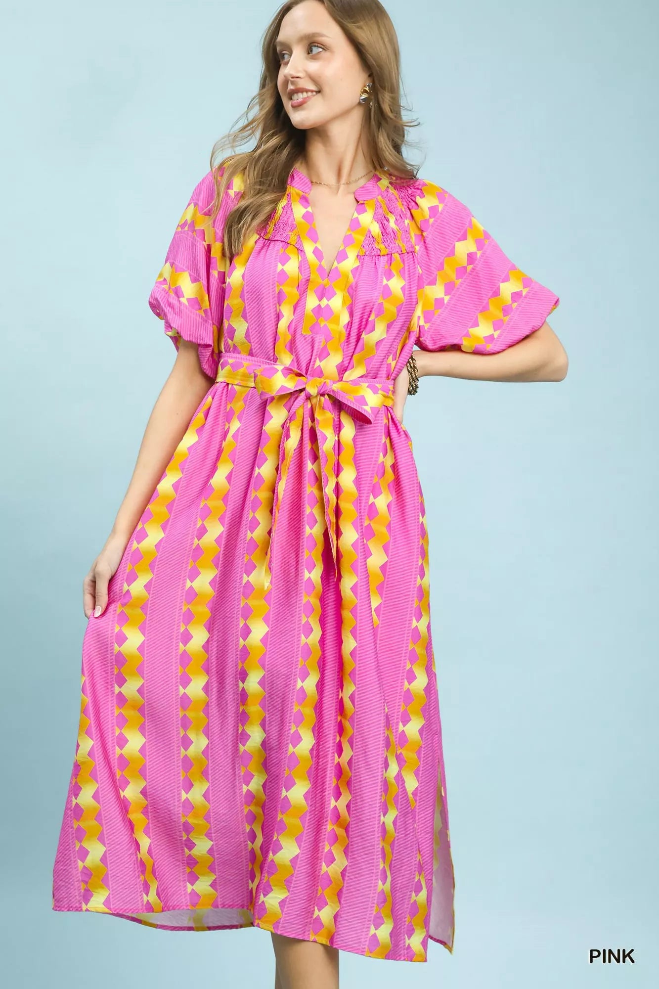 Umgee Geo Stripe Smocked Waist Tie Dress