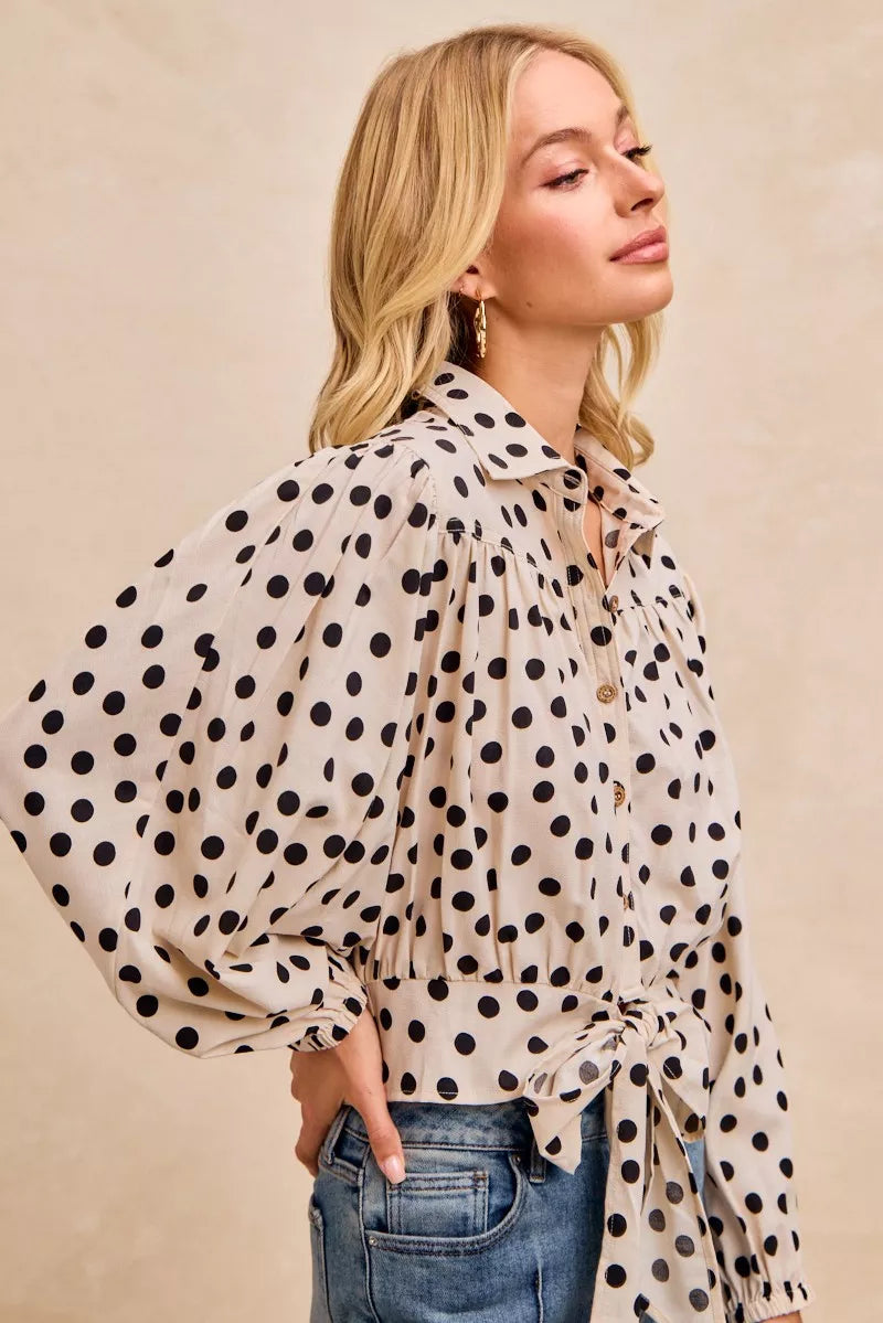 BiBi Polka Dot Print Tie Hem Detail Crop Shirt