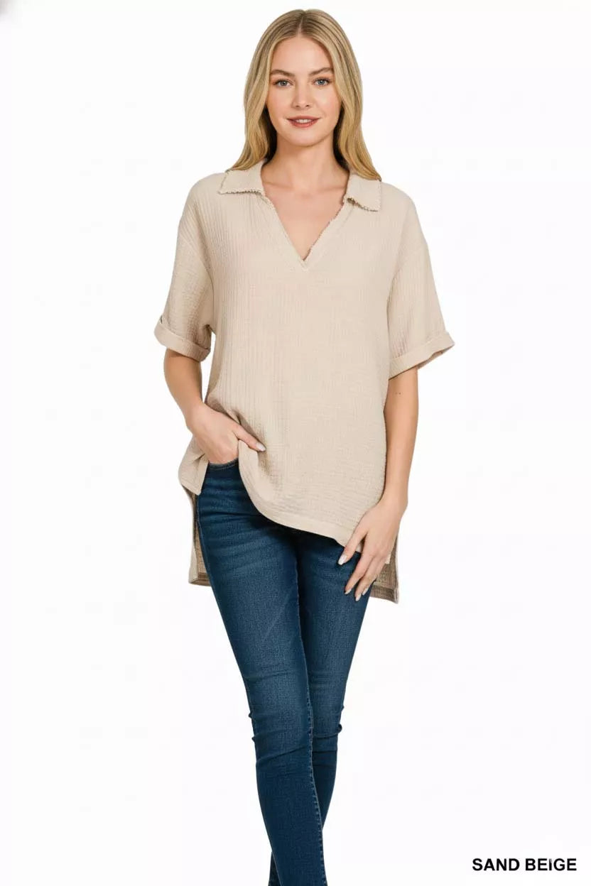 Zenana Double Gauze Short Sleeve High-Low Top