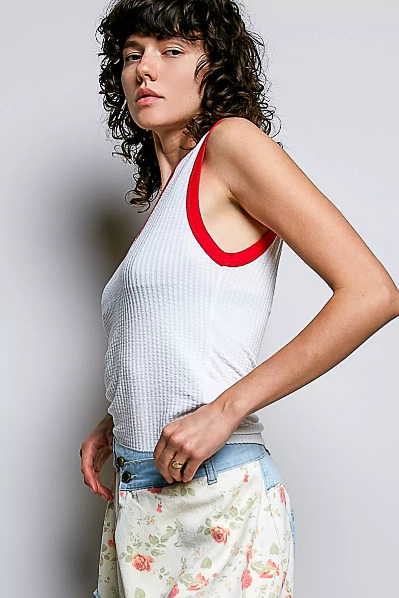 POL V-Neck Contrast Ribbed Sleeveless Tank