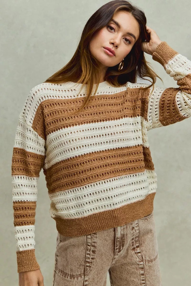 SO ME Openwork Round Neck Wide Stripe Textured Sweater