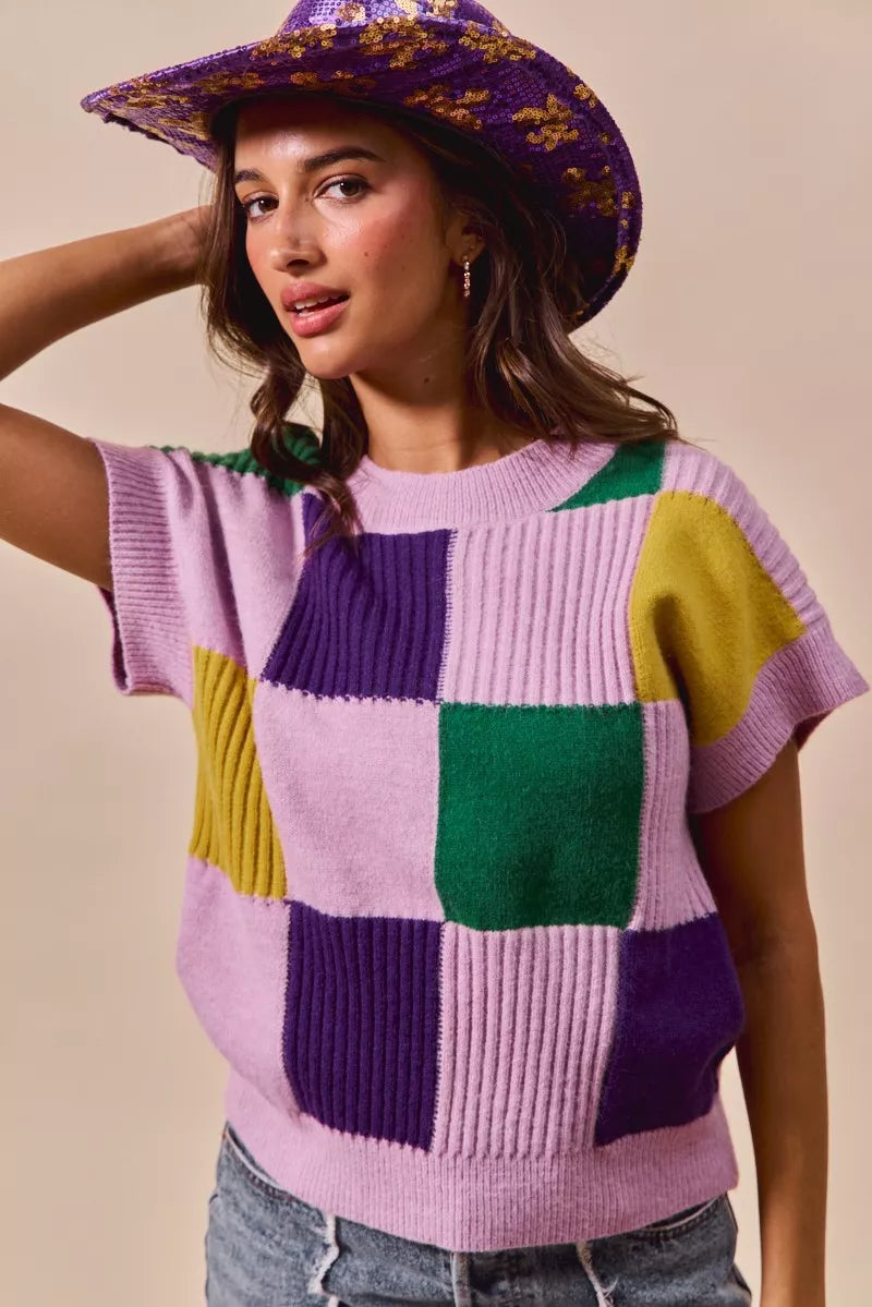 SO ME Mardi Gras Check Plaid Casual Sweater Top