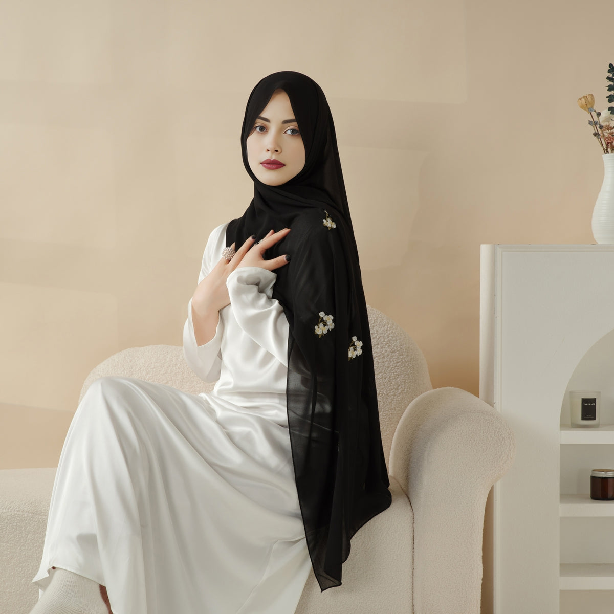 Plain Chiffon Shawl Hijab With Embroidery, Extra-Fine Embroidered Hijab (MH077)