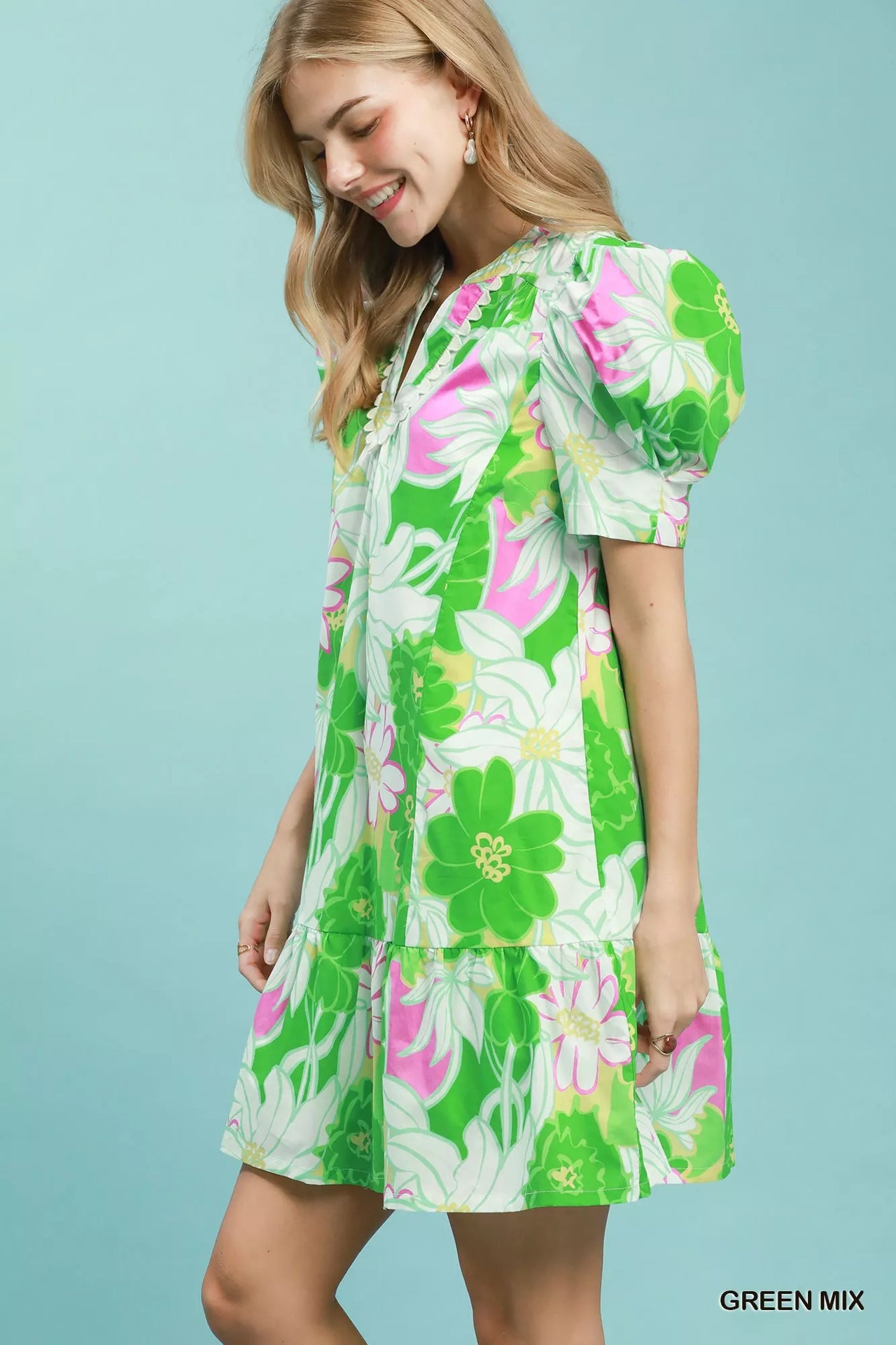 Umgee Floral Puff Sleeve Tiered Mini Dress