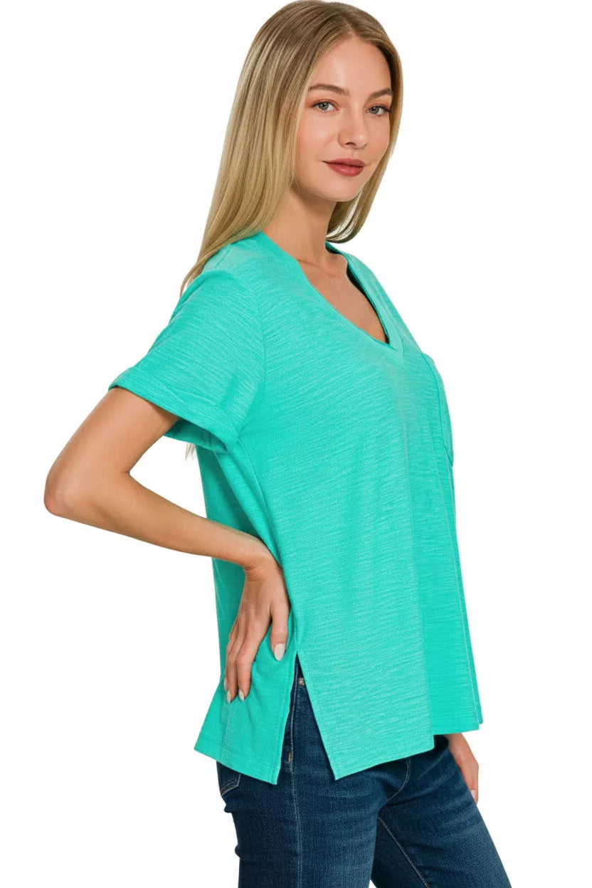 Zenana Slub Rolled Short Sleeve V-Neck Tee
