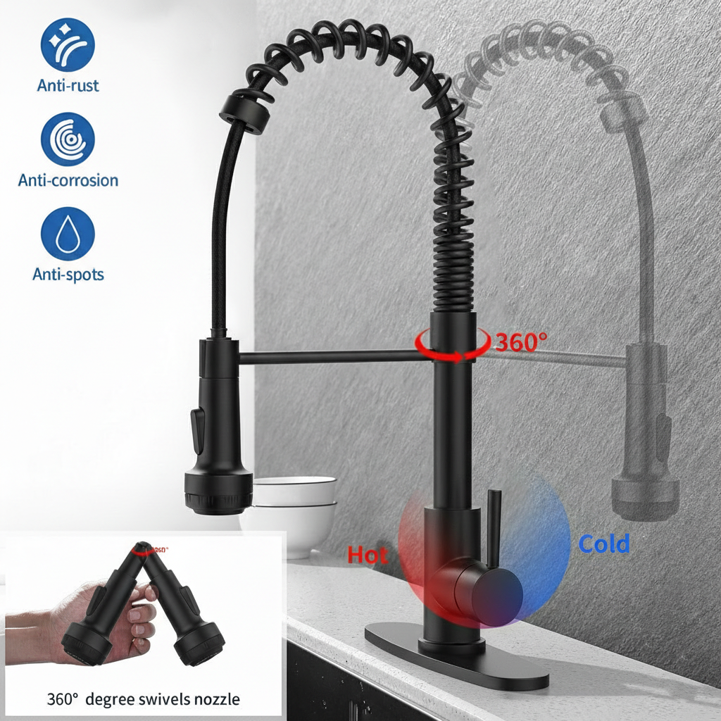 Kitchen Faucet with Pull Down Sprayer and 4 Spraying Modes Single Handle Commercial Spring Kitchen Sink Faucet Matte Black 1 or 3 Hole