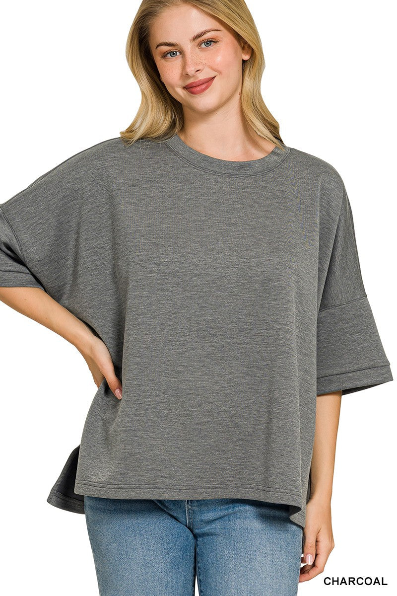 Zenana Full Size Scuba Round Neck Top With Side Slits Plus Size