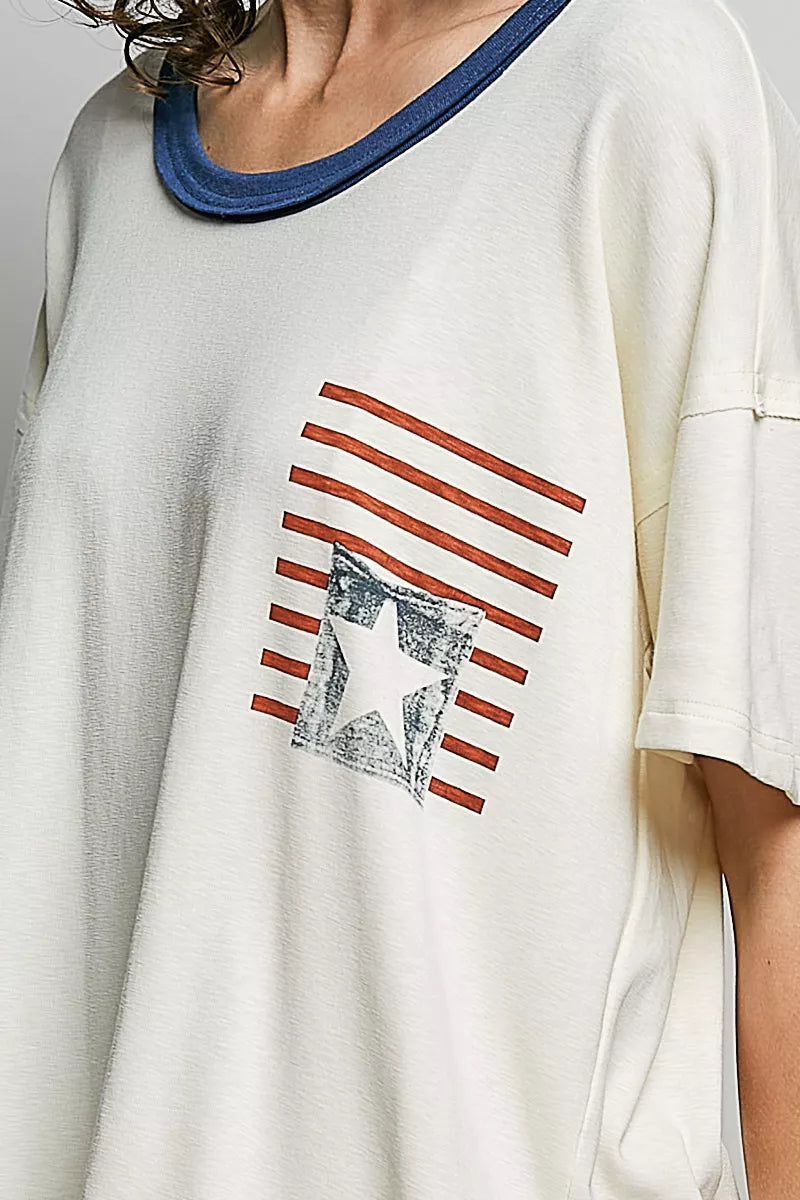 POL American Flag Color Block Side Slit Cotton Top