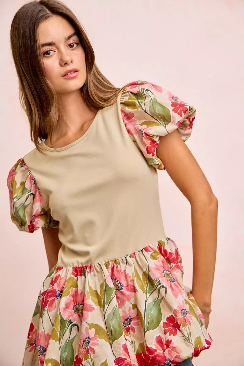 BiBi Floral Printed Bubble Sleeves and Hem Peplum Top