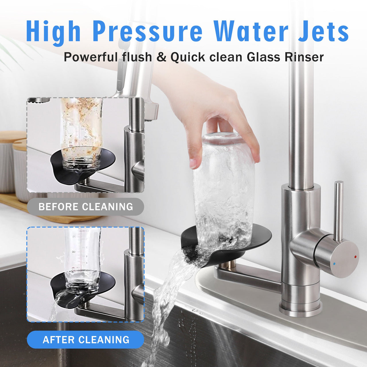 3-in-1 Kitchen Faucet with Press-Type Glass Rinser, High-Arc Pull-Down Sprayer, 3 Function Spray Mode, Brushed Nickel Finish, 9.44-Inch Spout Height, Stainless Steel & ABS Construction