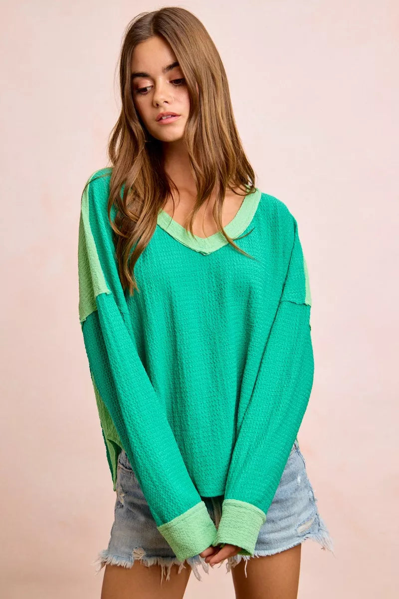 BiBi Textured Jersey Color Block Top With Cut Edge