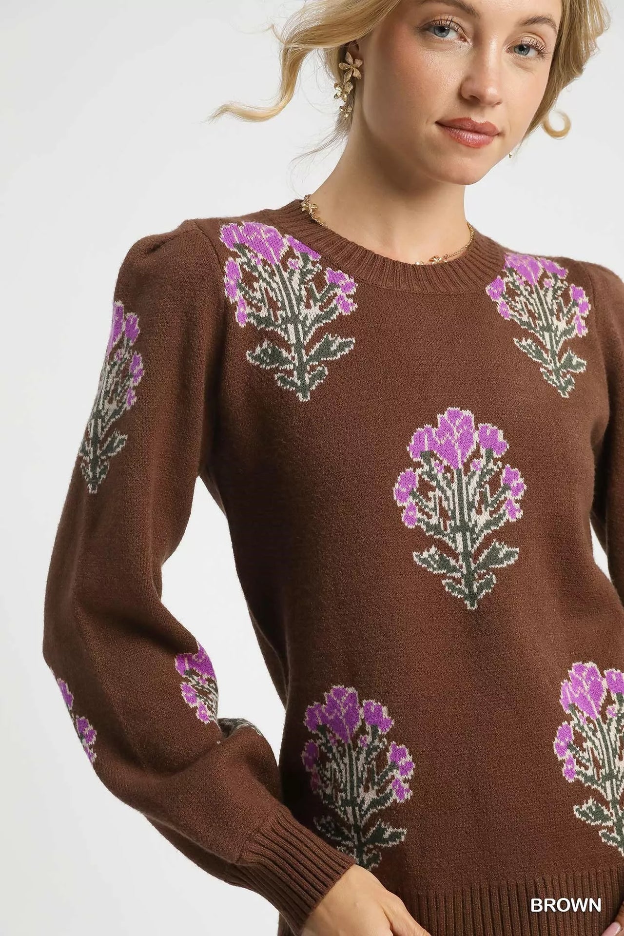 Umgee Single Flower Stem Jacquard Sweater