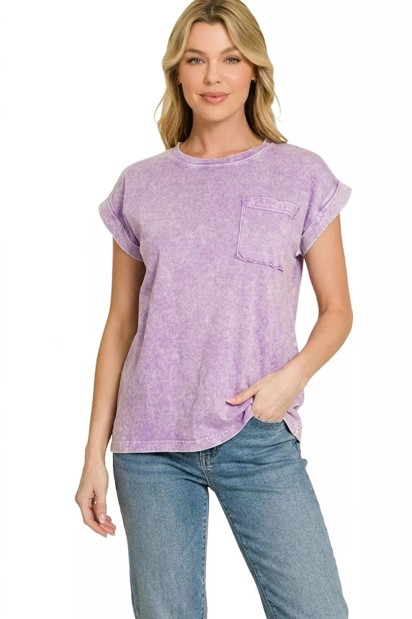 Zenana Halo Snow Washed Cuffed Short Sleeve Tee