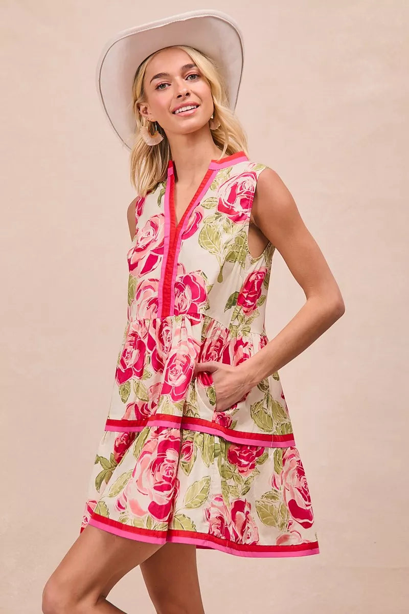 BiBi Floral Woven Contrast Edge Tiered Ruffle Mini Dress