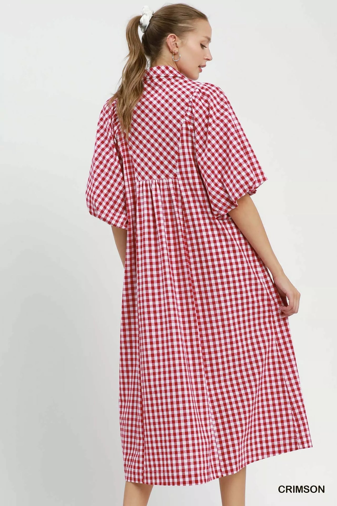 Umgee Puff Sleeve Plaid Midi Dress