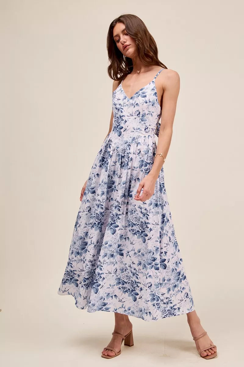 SO ME Floral Woven V Neck Dress With Back Ribbon Tie