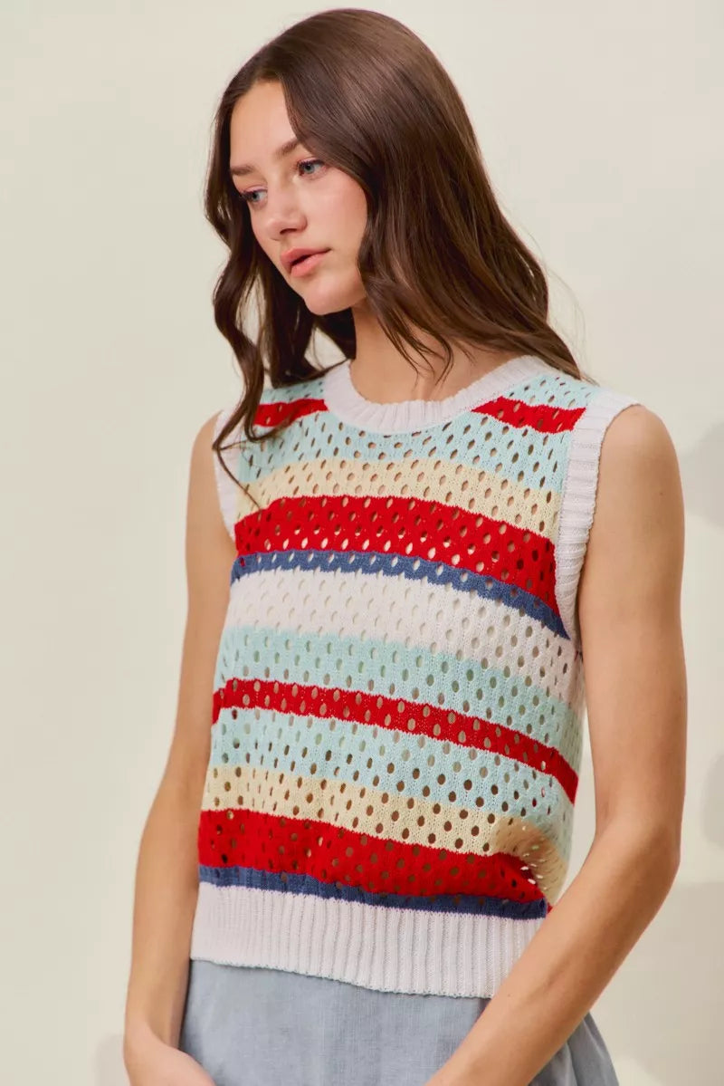 SO ME Tie Back Multi Stripe Sweater Knit Tank Top