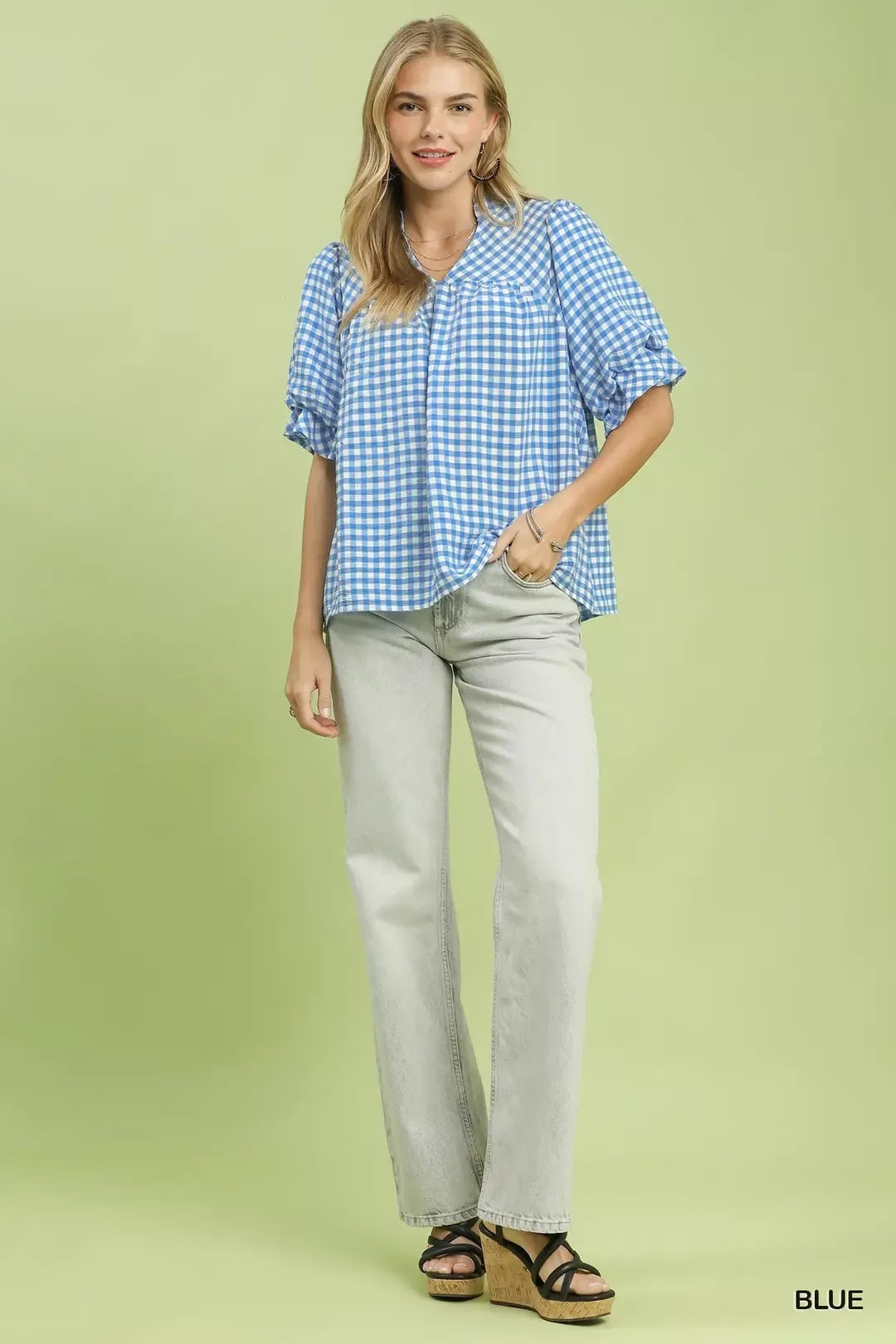 Umgee Gingham Check Blouse with Ruffle Sleeves