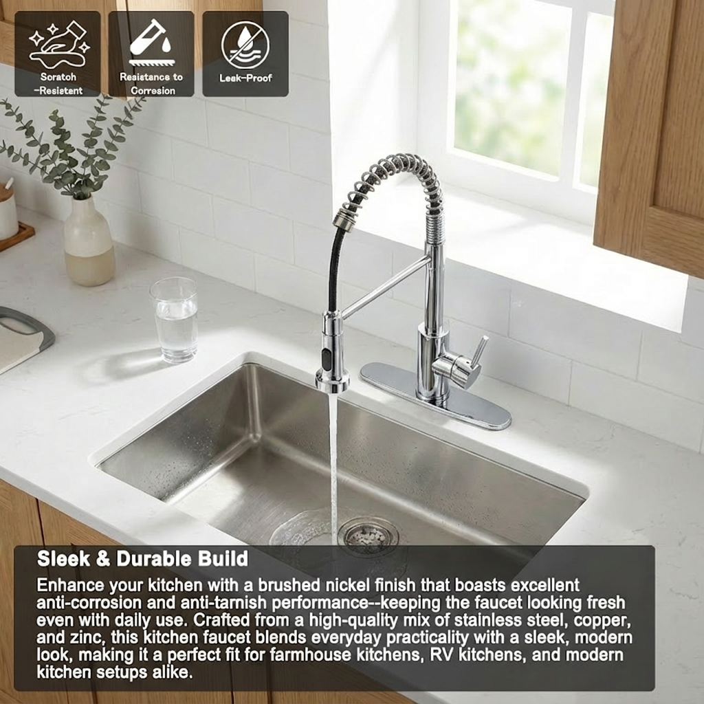 Kitchen Faucet with Pull Down Sprayer Industrial 1 Handle 1 Hole Or 3 Hole Faucet for Farmhouse Camper Laundry Utility Rv Wet Bar Sinks, Stainless Steel, Chrome