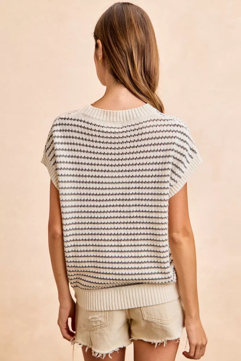 BiBi Pointelle Stripes Sleeveless Drop Shoulder Lightweight Sweater Top