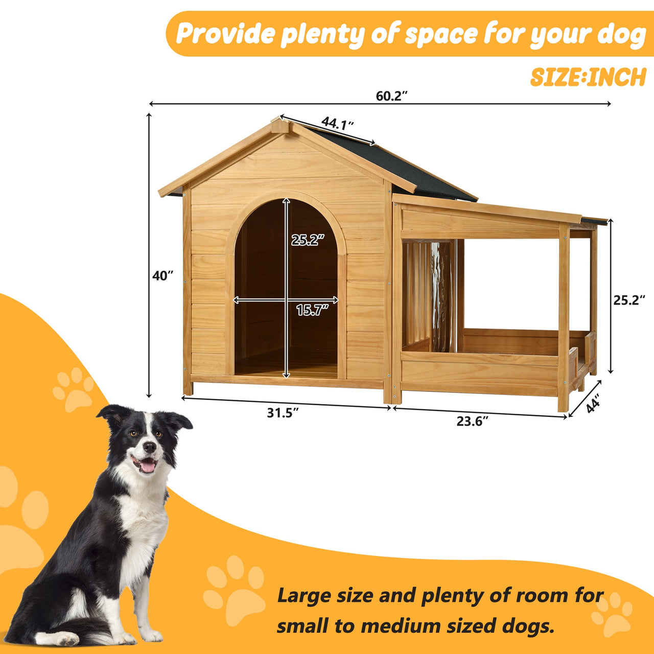 60.2' Large Outdoor Dog House with Insulated Liner for Winter Waterproof Dog Kennel for Medium & Large Dogs, Dog House with Porch and Asphalt Roof and Elevated Floor, Nature