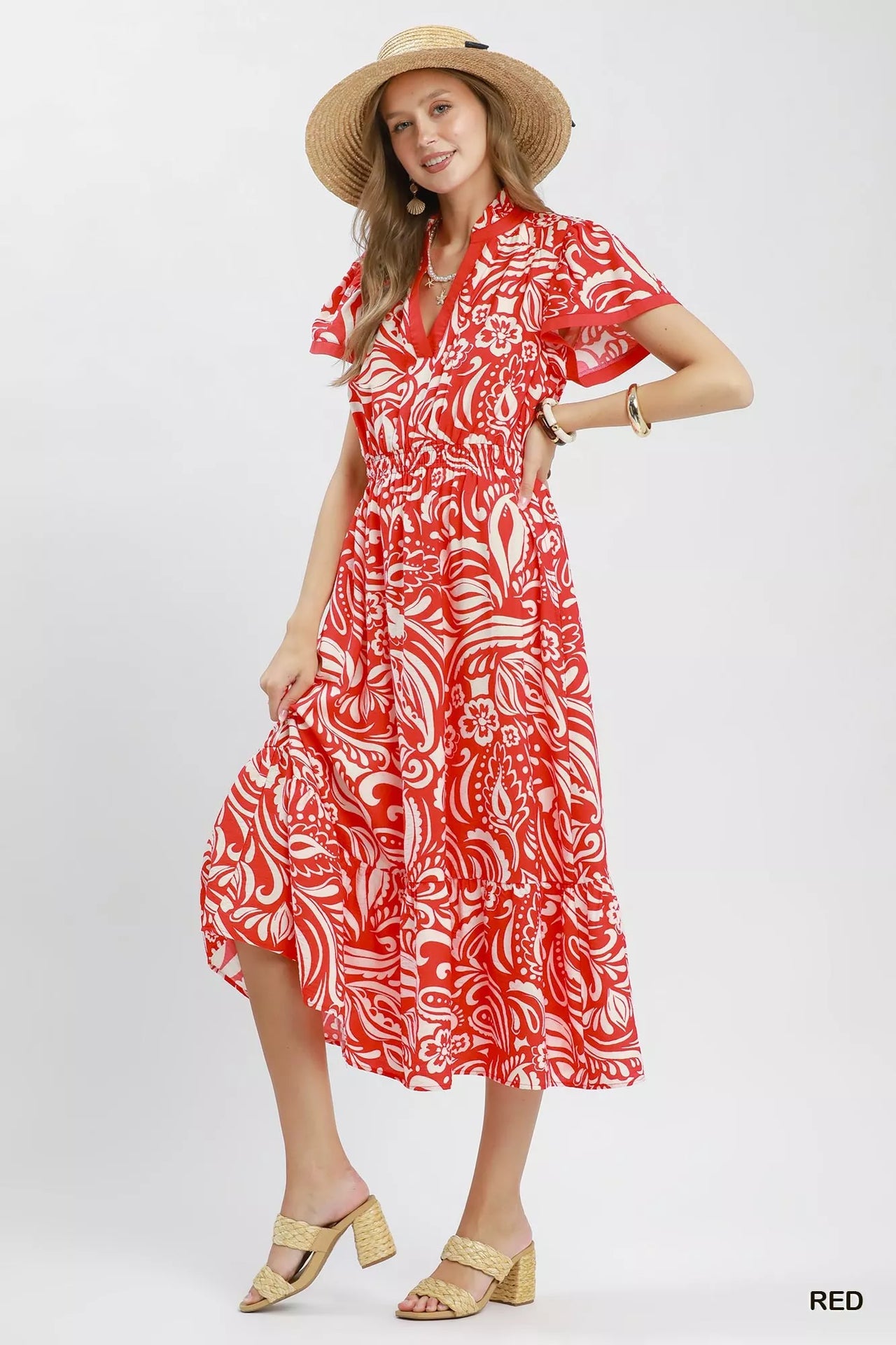 Umgee Paisley Print Midi Dress with Side Pockets