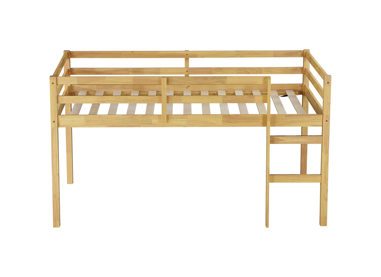 Solid Wooden, Rubber Wooden Twin Loft Bed with Ladder, Bed Platform of Strengthened Slats, Natural