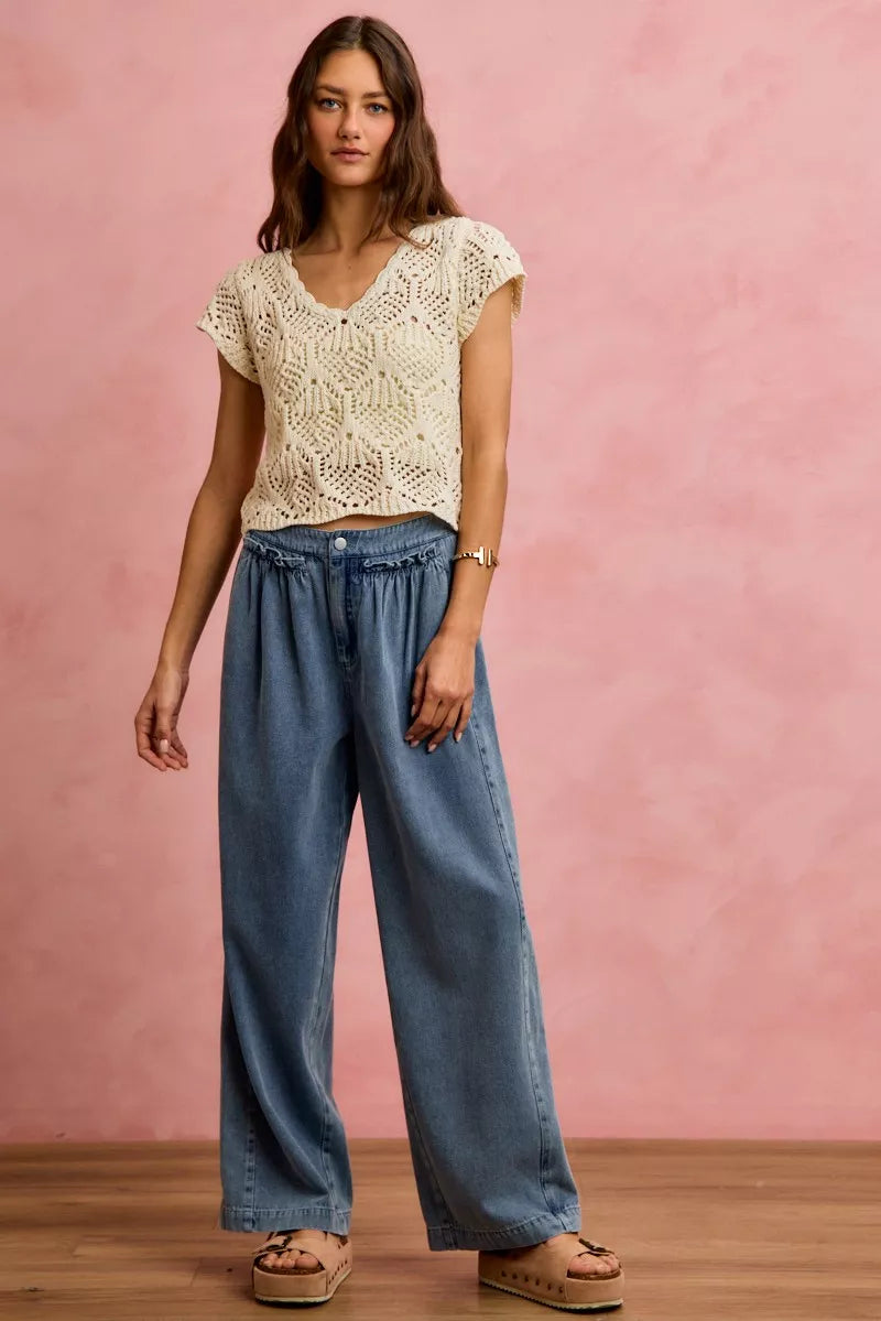 SO ME Mid Rise Ruffled Front Elastic Wide Leg Jeans