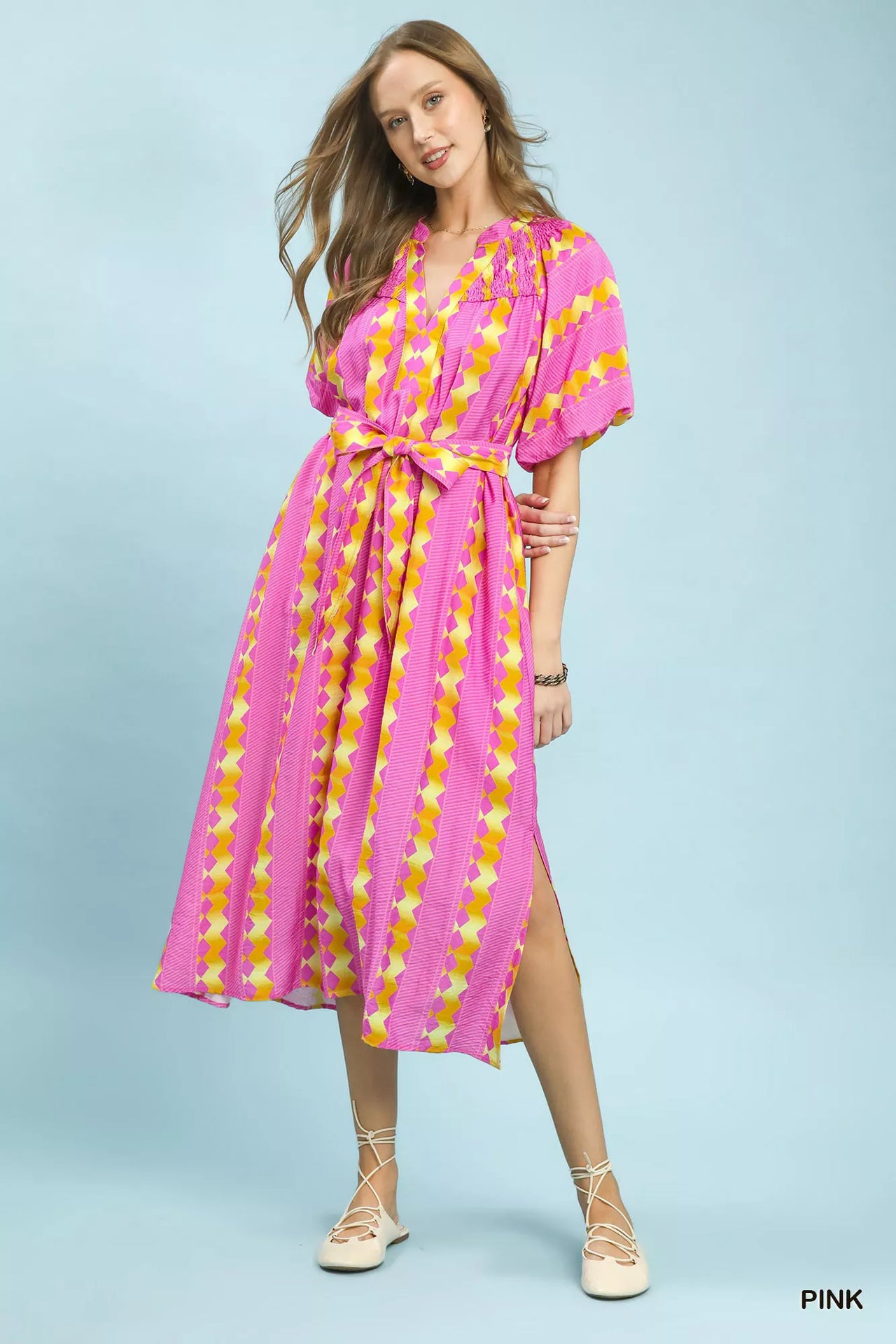 Umgee Geo Stripe Smocked Waist Tie Dress