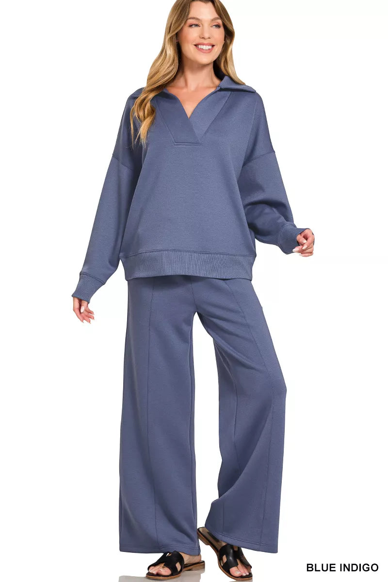 Zenana Scuba Collared Pullover & Center Seam Pants Set
