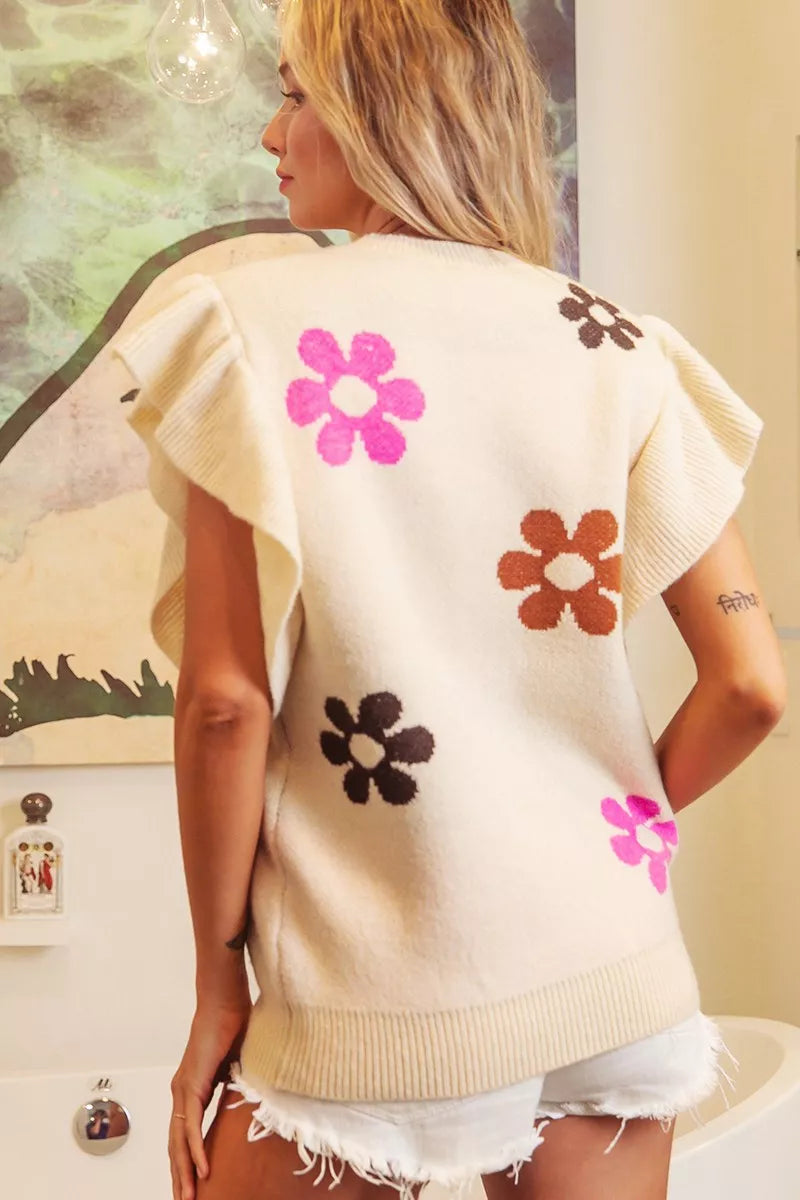 BiBi Flower Printed Ruffled Sleeves Top