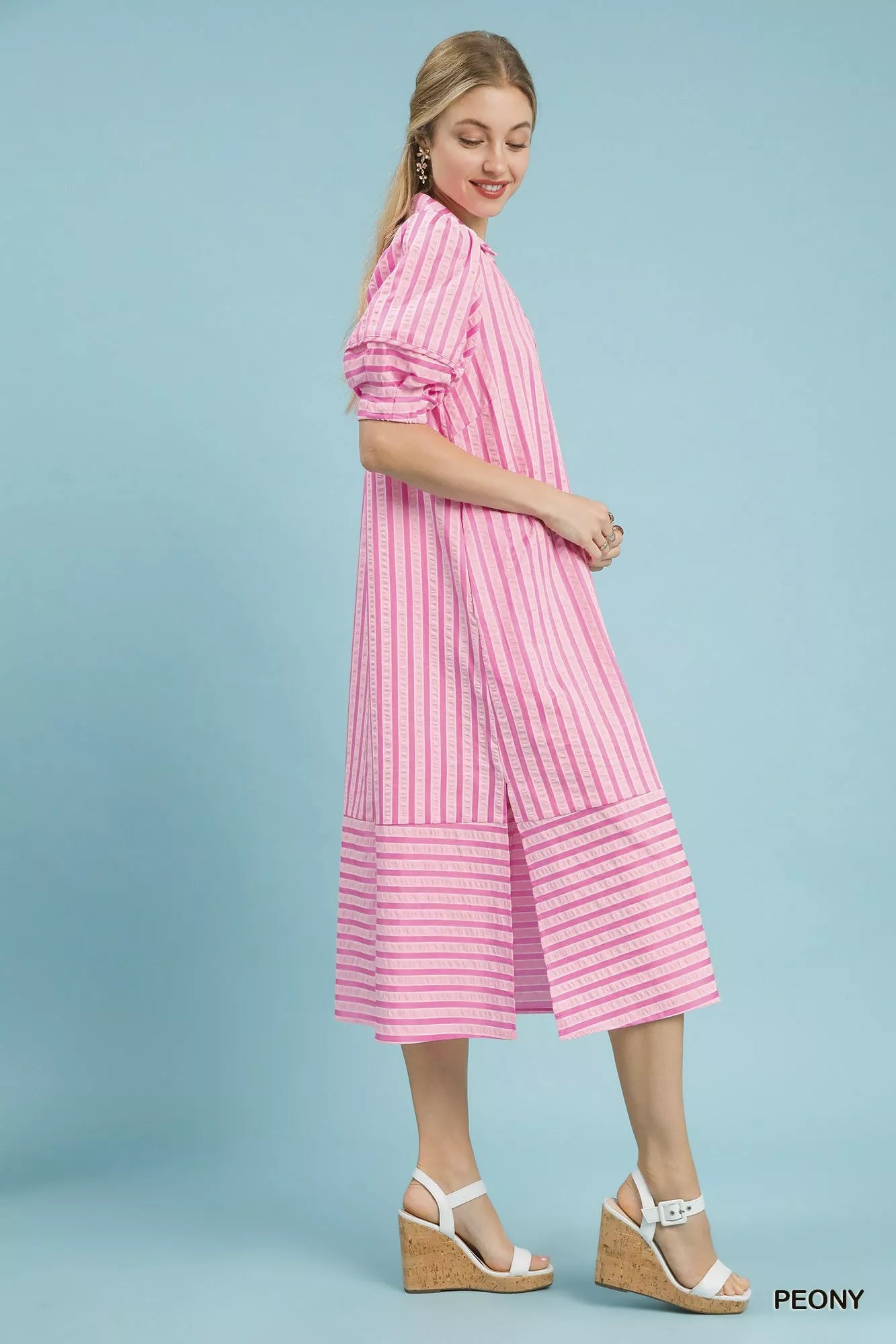 Umgee Striped Puff Sleeve Midi Dress