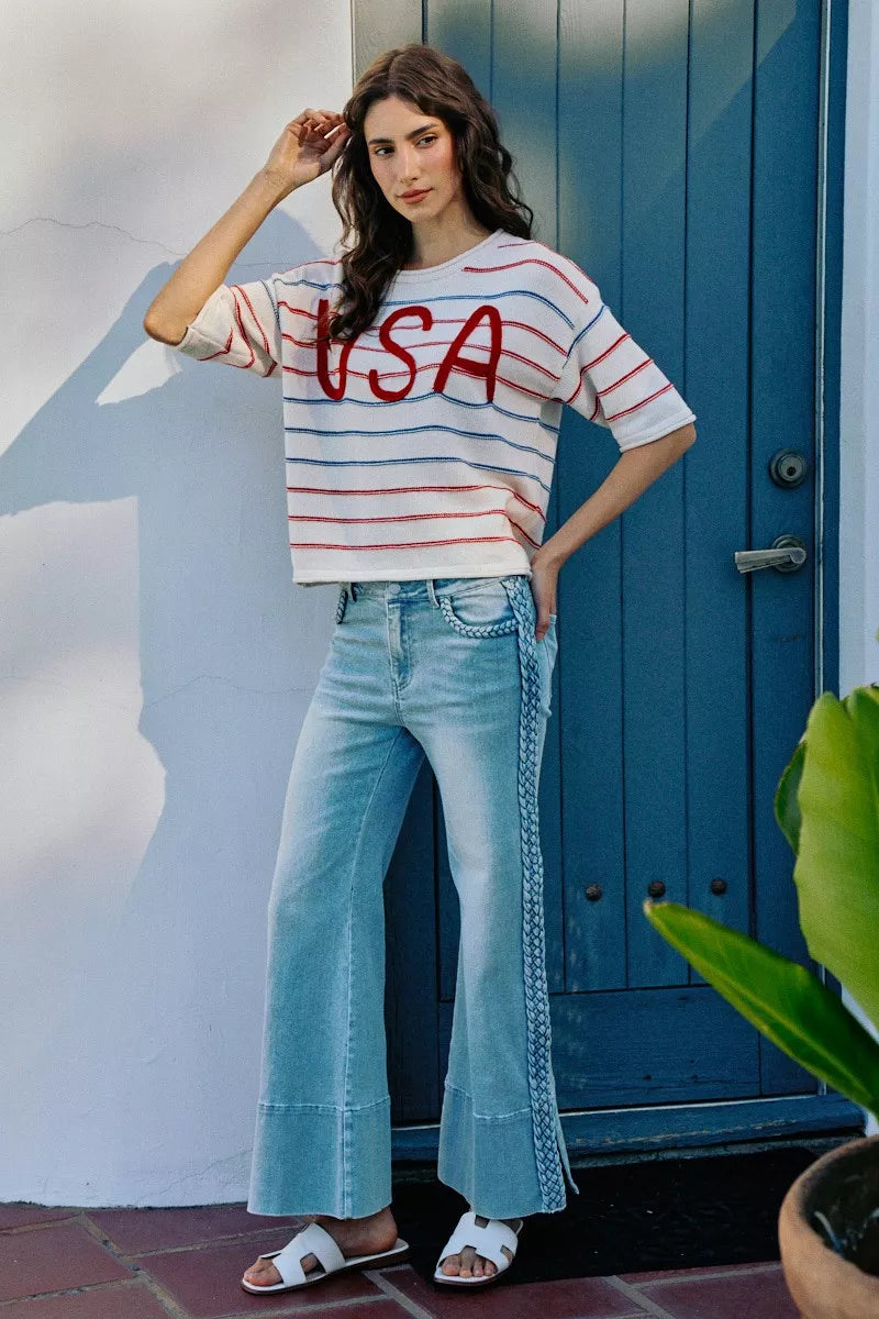 SO ME Usa Stripe Knit Short Sleeves Sweater Top