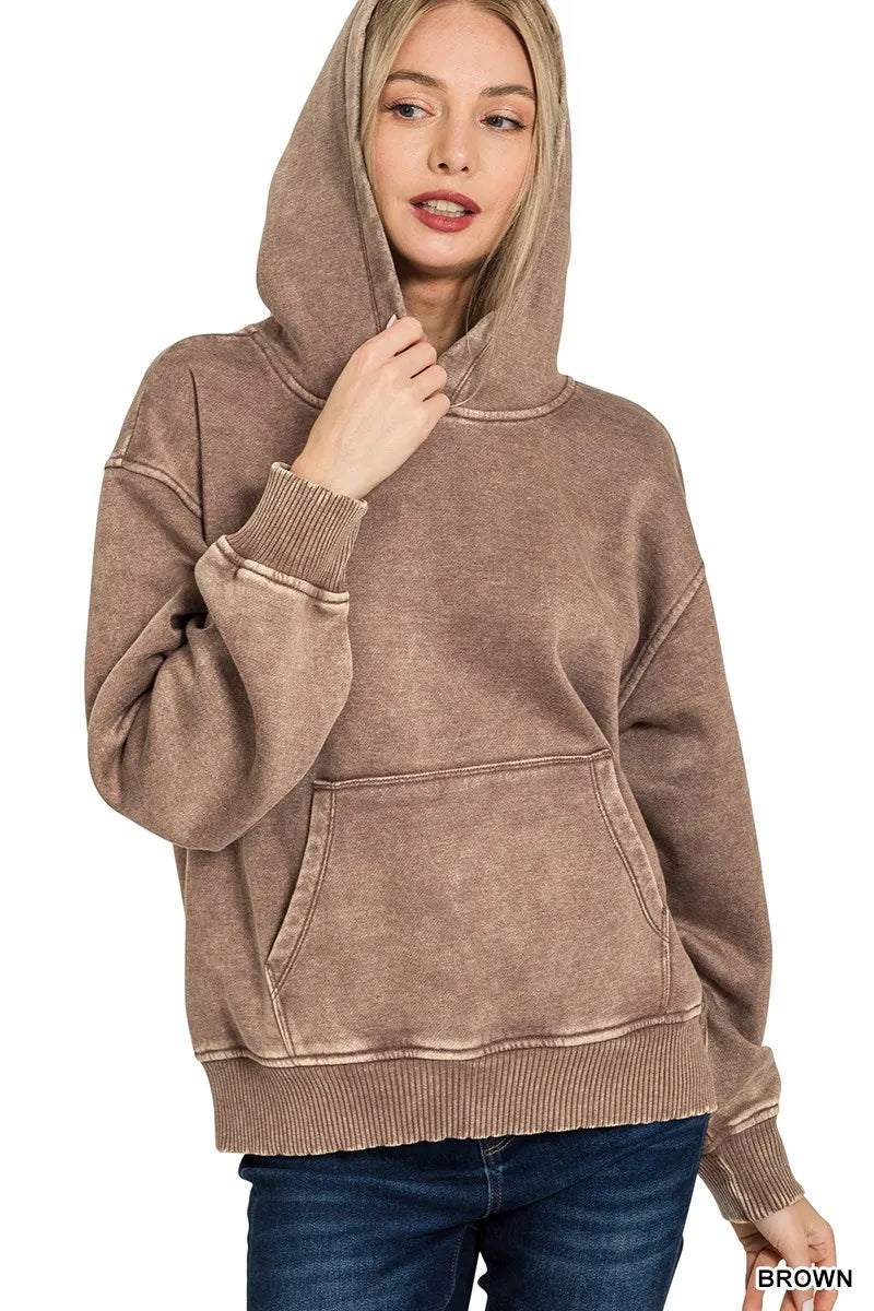 Zenana Fleece Acid Wash Kangaroo Pocket Hoodie