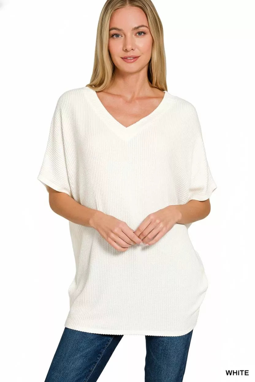 Zenana Raised Rib V-Neck Batwing Top