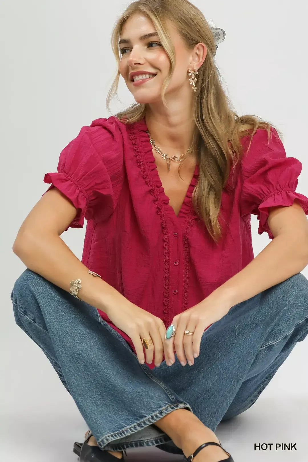 Umgee Textured Button-Front Puff Sleeve Top