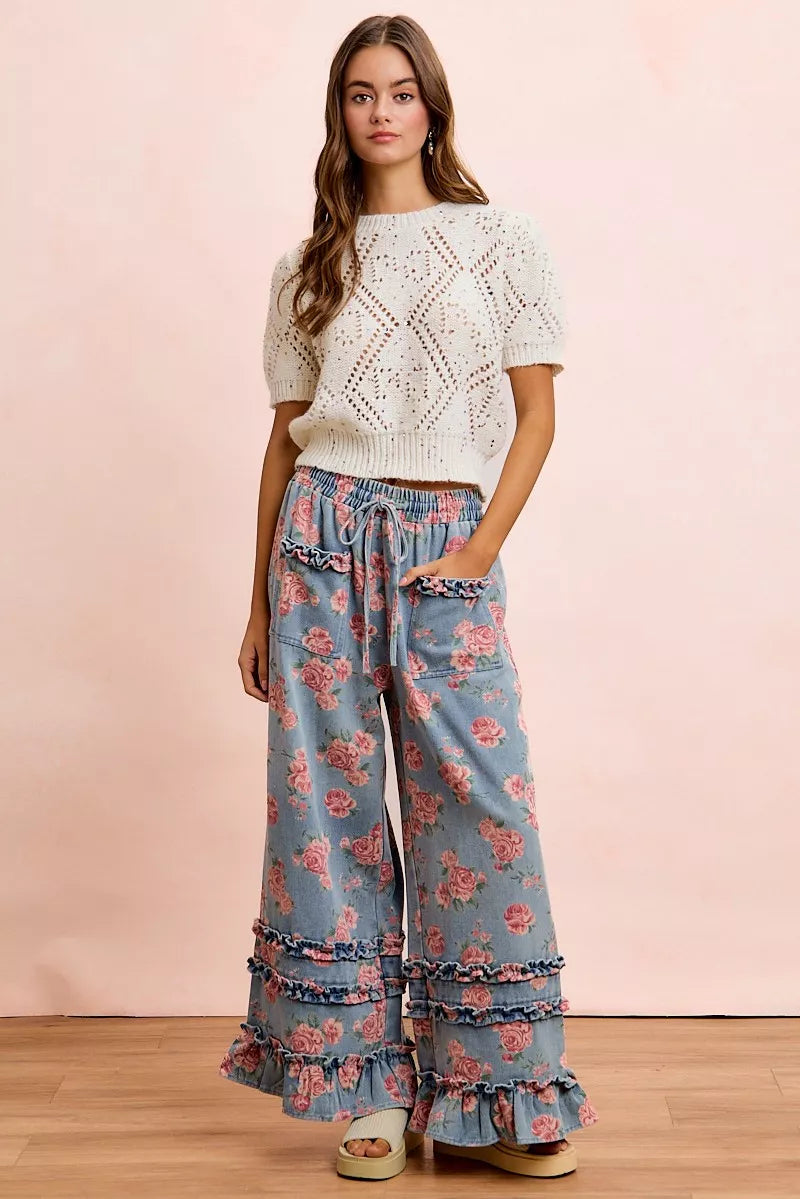 BiBi Washed Floral Denim With Ruffle Elastic Wide Pants