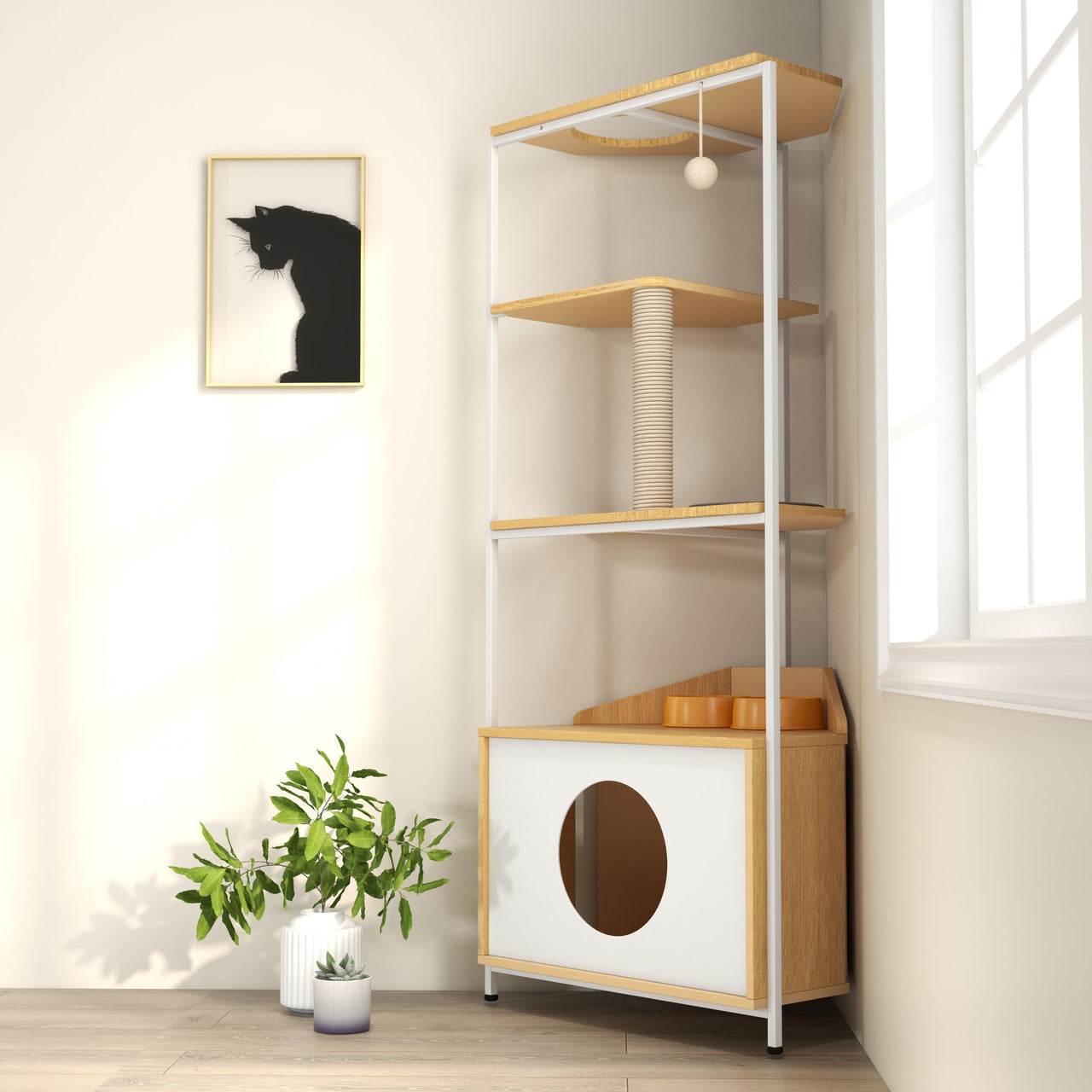 Modern Corner Cat Tower with Scratching Post, Cat Condo and Feeding Station, White and Light Oak Particle Board, 58.27-inch Height