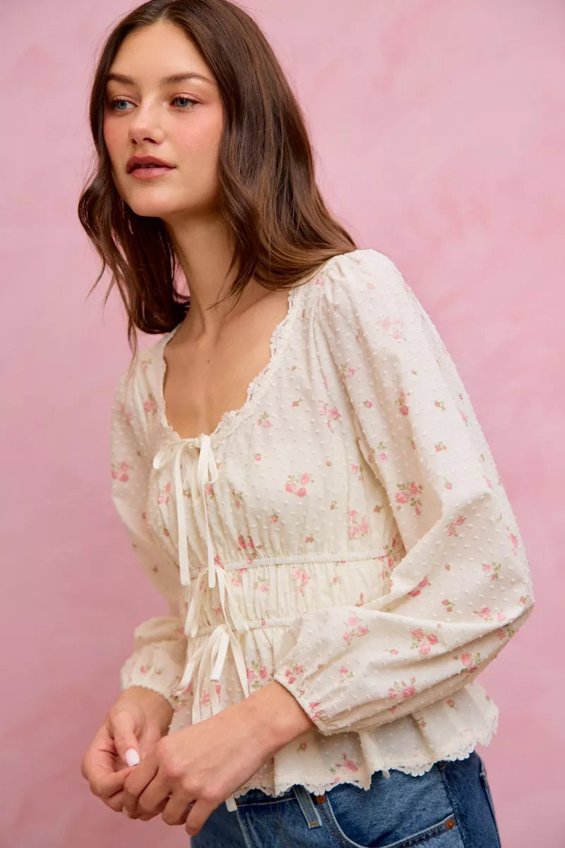 SO ME Floral Clip Dot Lace Trim Ruched Bodice Blouse