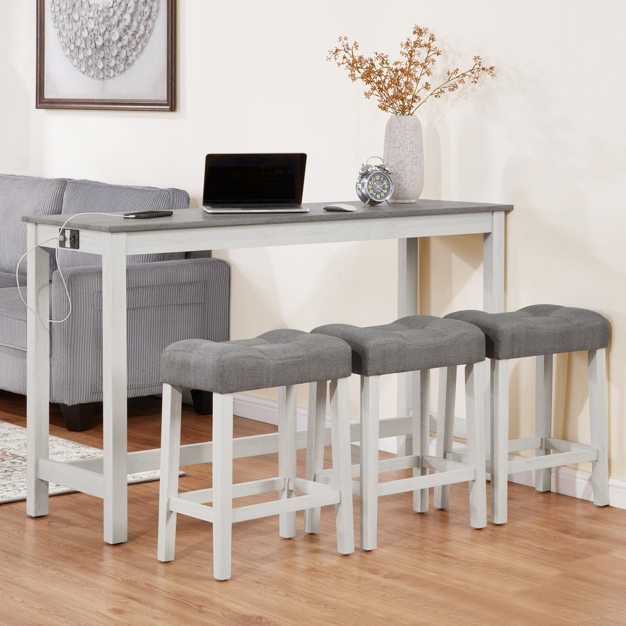 4 Piece Bar Table Set with Power Outlet,Bar Table Set with Chairs,Sofa Bar Table with Stools,Behind Couch Table with 3 Padded Stools,for Living Room,Dining room, White & Grey